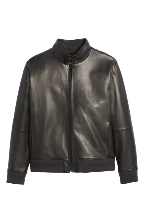 Men's Black Leather Bomber Jacket - Image 3