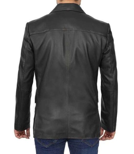 Men's Classic Genuine Black Leather Blazer Jacket - Image 4