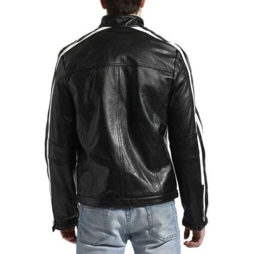 Snap Tab Collar Café Racer Leather Jacket Mens w/Striped Sleeves - Image 3