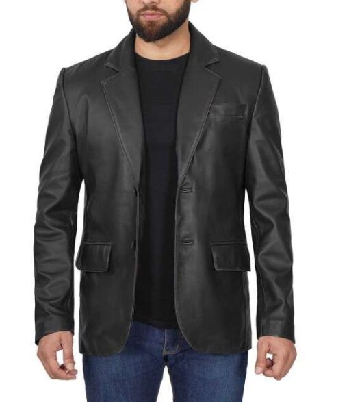 Men's Classic Genuine Black Leather Blazer Jacket - Image 5