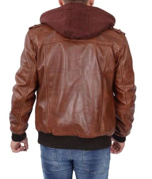 Brown Leather Bomber Jacket for Men with Removable Hood - Image 2