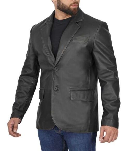 Men's Classic Genuine Black Leather Blazer Jacket - Image 2