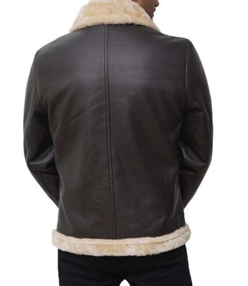 Dark Brown Sherpa Leather Bomber Jacket Men's - Image 2