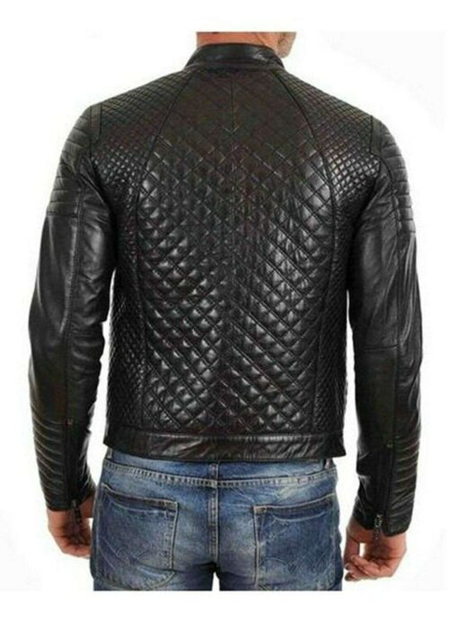 Full Quilted Black Leather Jacket For Men - Image 2