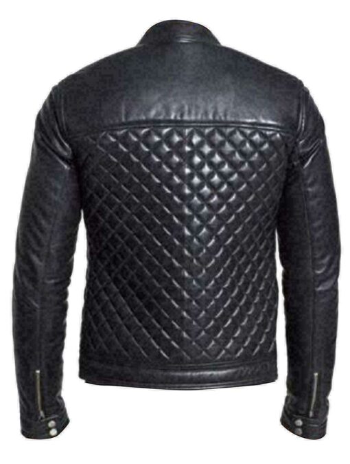 Black Genuine Leather Quilted Bomber Jacket Men - Image 2