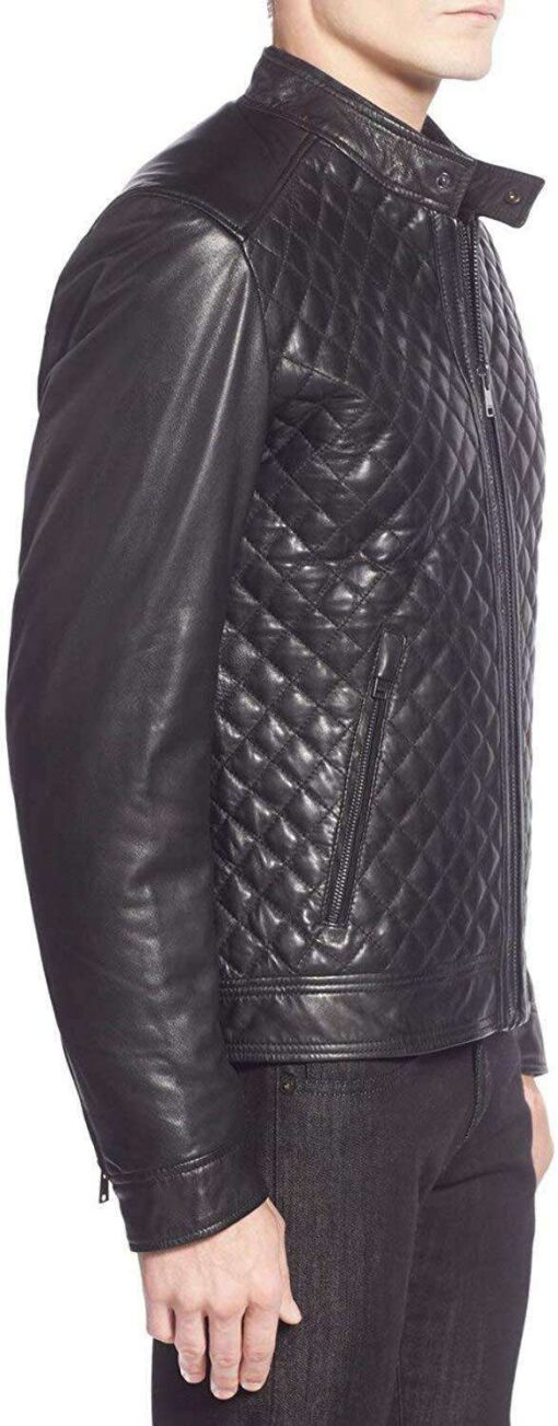 Black Genuine Leather Quilted Bomber Jacket Men - Image 3