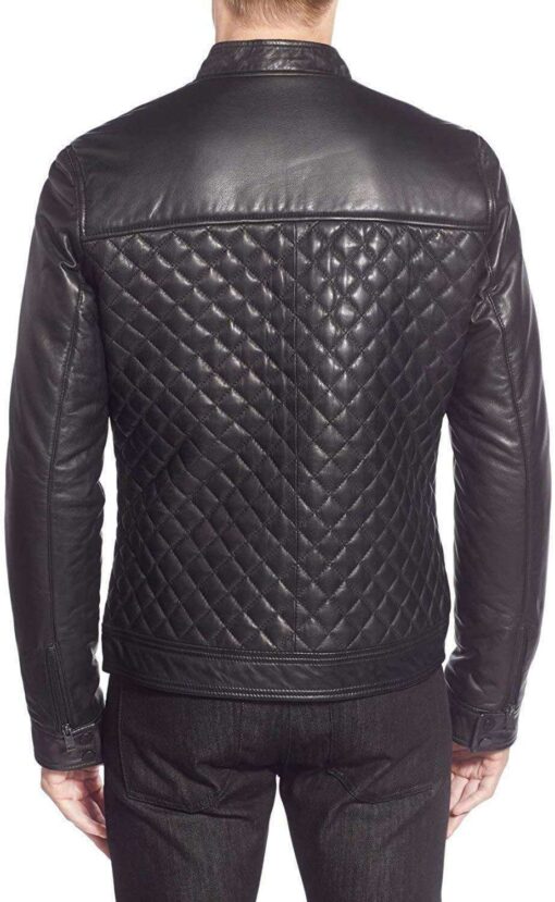 Black Genuine Leather Quilted Bomber Jacket Men - Image 6