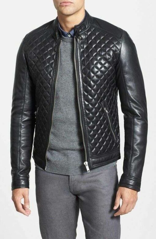 Black Genuine Leather Quilted Bomber Jacket Men - Image 5