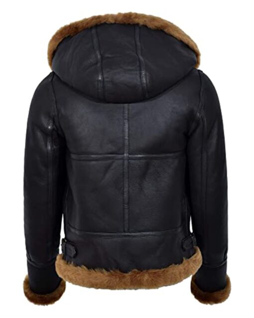 Hooded Black Sherpa Leather Aviator Jacket Womens - Image 2