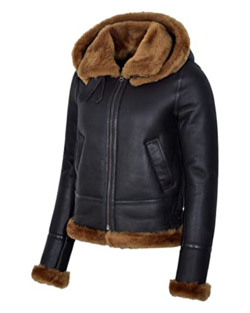 Hooded Black Sherpa Leather Aviator Jacket Womens - Image 3