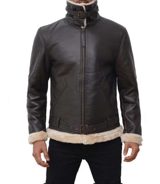 Dark Brown Sherpa Leather Bomber Jacket Men's - Image 4