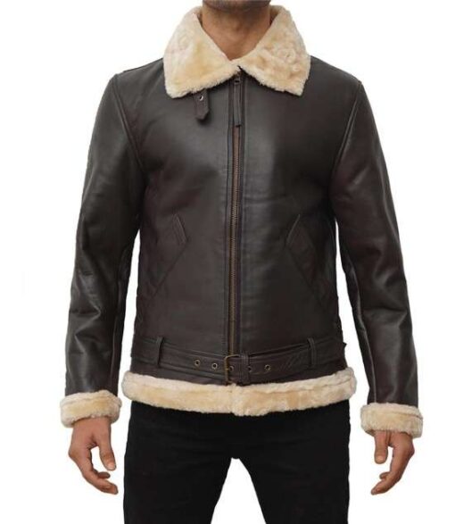 Dark Brown Sherpa Leather Bomber Jacket Men's - Image 3