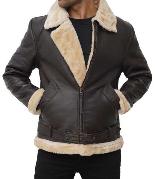 Dark Brown Sherpa Leather Bomber Jacket Men's - Image 5