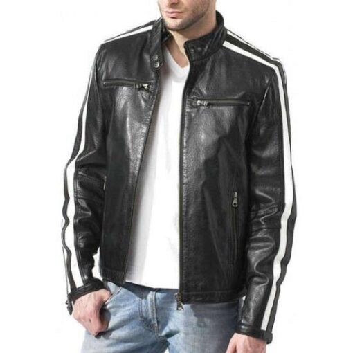 Snap Tab Collar Café Racer Leather Jacket Mens w/Striped Sleeves - Image 2