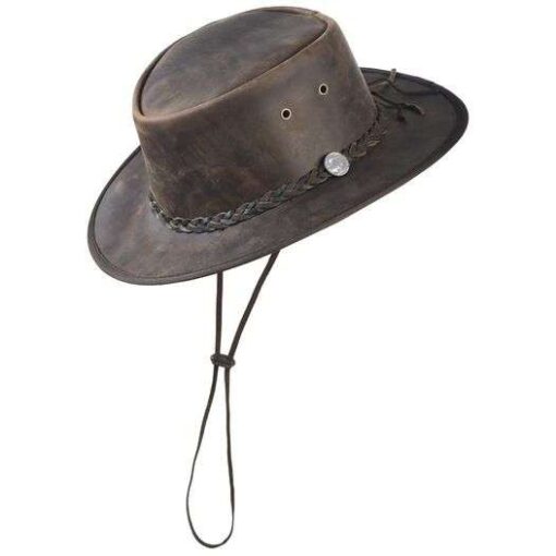 Genuine Brown Distressed Leather Cowboy Hat w/ Braided Hat Band - Image 3