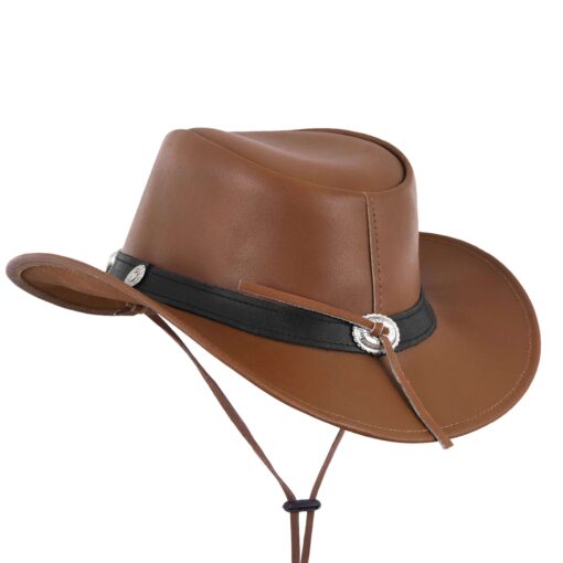 Western Brown Leather Cowboy Hat with Decorative Hat Band - Image 2