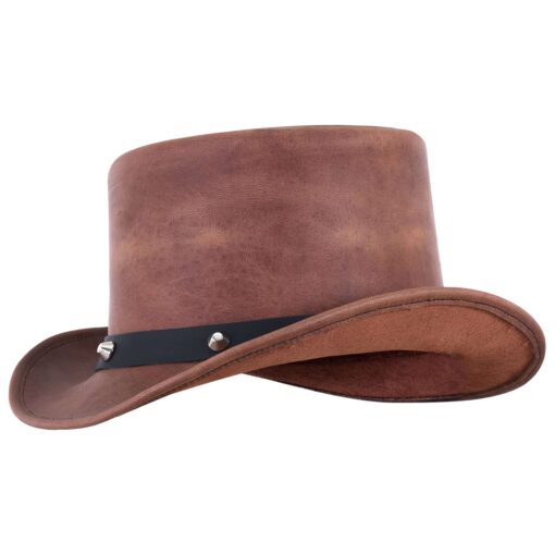 Distressed Genuine Brown Leather Top Hat - Image 3