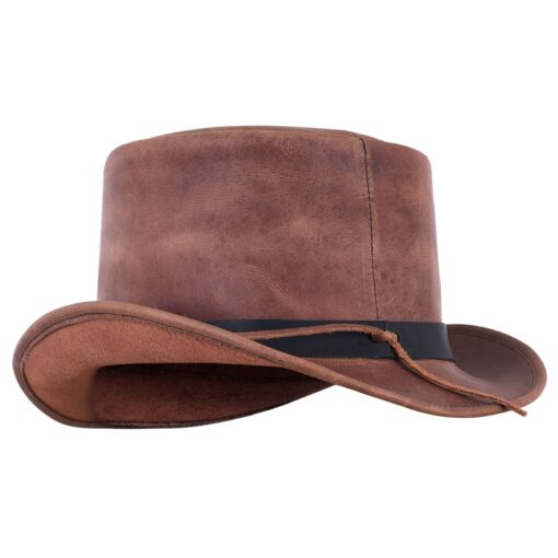 Distressed Genuine Brown Leather Top Hat - Image 2