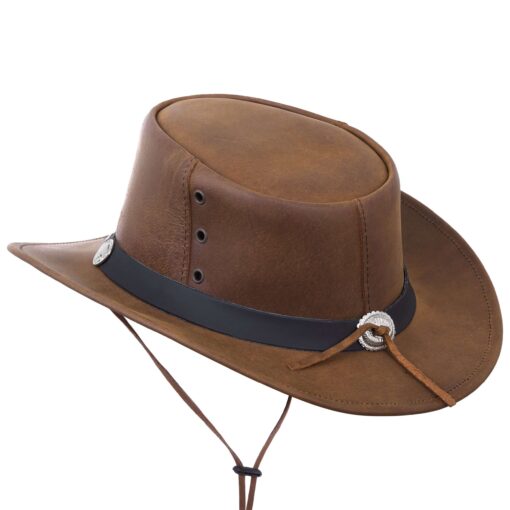 Brown Leather Cowboy Hat with Leather Conchos Hat Band - Image 3