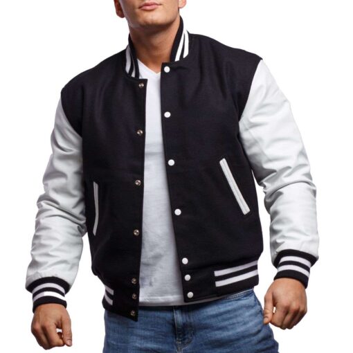 Black Wool & White Leather Letterman Jacket - Image 3