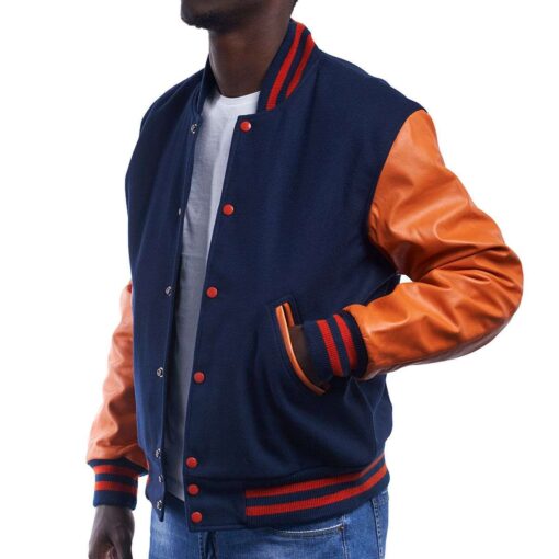 Royal Blue Wool & Orange Leather Letterman Jacket - Image 2