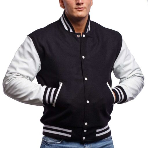 Black Wool & White Leather Letterman Jacket - Image 4