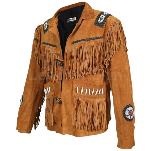 Mens Brown Suede Leather Western Jacket With Fringes - Image 2