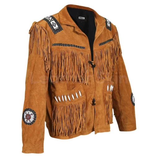 Mens Brown Suede Leather Western Jacket With Fringes - Image 3