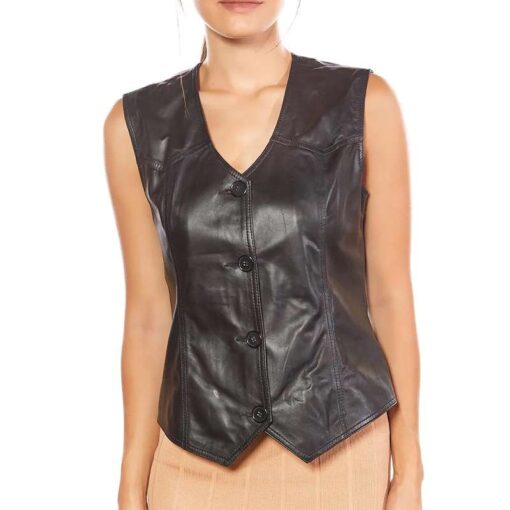 Black Classic Leather Vest For Women - Image 2