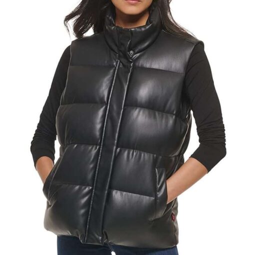 Black Women's Leather Puffer Vest - Image 2