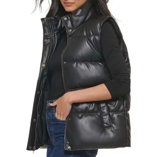 Black Women's Leather Puffer Vest - Image 3