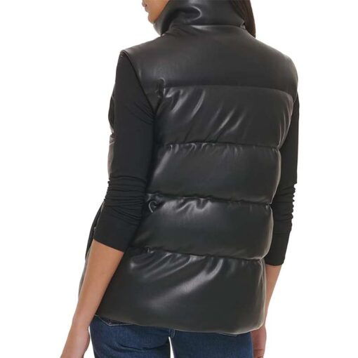 Black Women's Leather Puffer Vest - Image 4