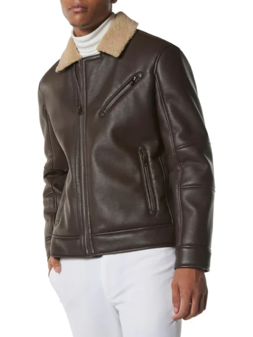 Men's Slim Fit Brown Sherpa Moto Jacket - Image 3