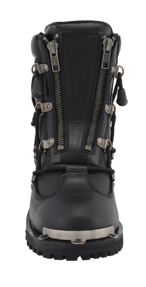 Women's Black Leather 6-Inch Twin Zipper Lock Biker Boots - Image 5