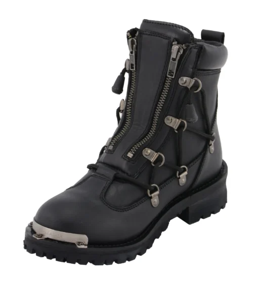 Women's Black Leather 6-Inch Twin Zipper Lock Biker Boots - Image 6