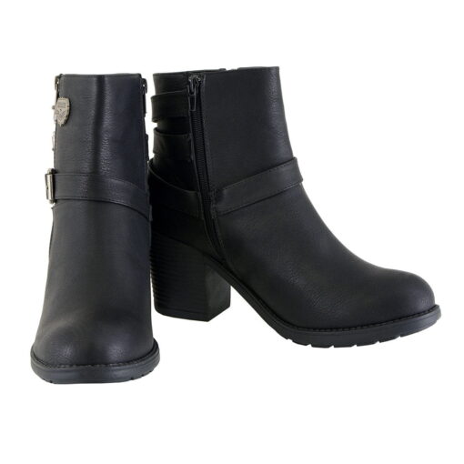 Women's Short Black Leather Fashion Boots W/ Side Zipper & Triple Buckle - Image 2