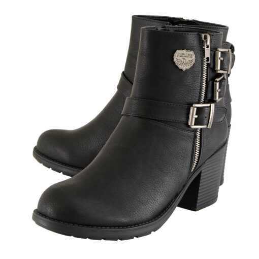 Women's Short Black Leather Fashion Boots W/ Side Zipper & Triple Buckle - Image 5