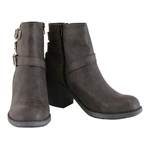 Women's 3 Buckle Stone Grey Leather Boots With Platform Heel - Image 3