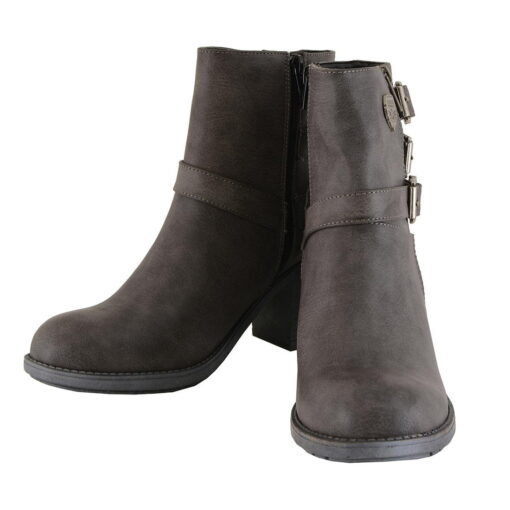 Women's 3 Buckle Stone Grey Leather Boots With Platform Heel - Image 4