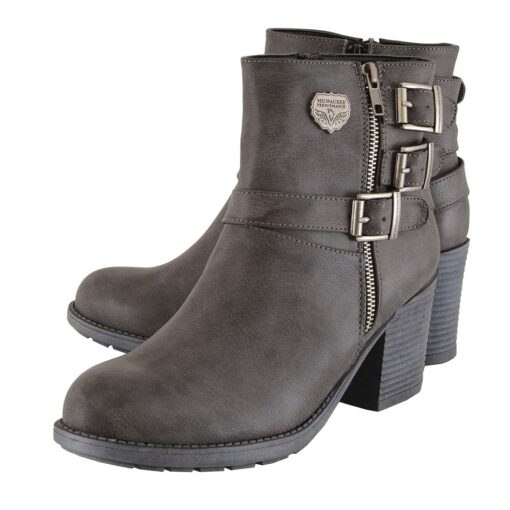 Women's 3 Buckle Stone Grey Leather Boots With Platform Heel - Image 5