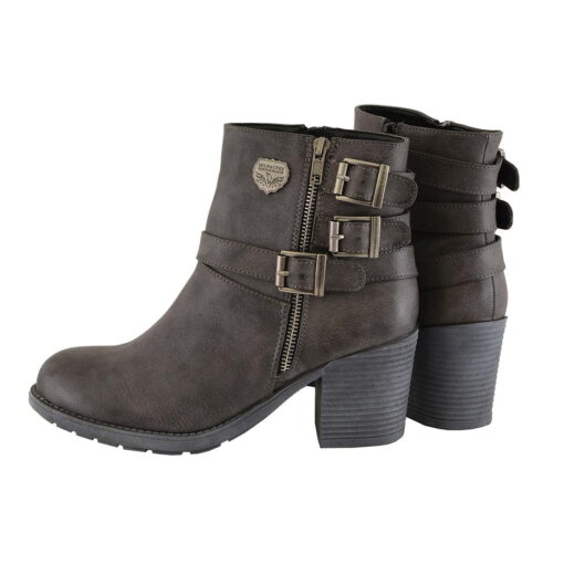 Women's 3 Buckle Stone Grey Leather Boots With Platform Heel - Image 6