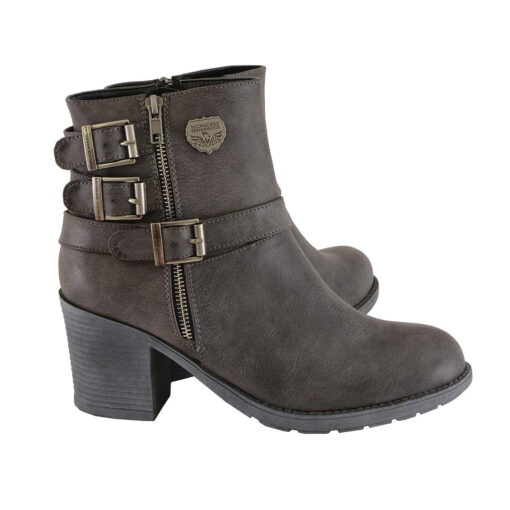 Women's 3 Buckle Stone Grey Leather Boots With Platform Heel - Image 10