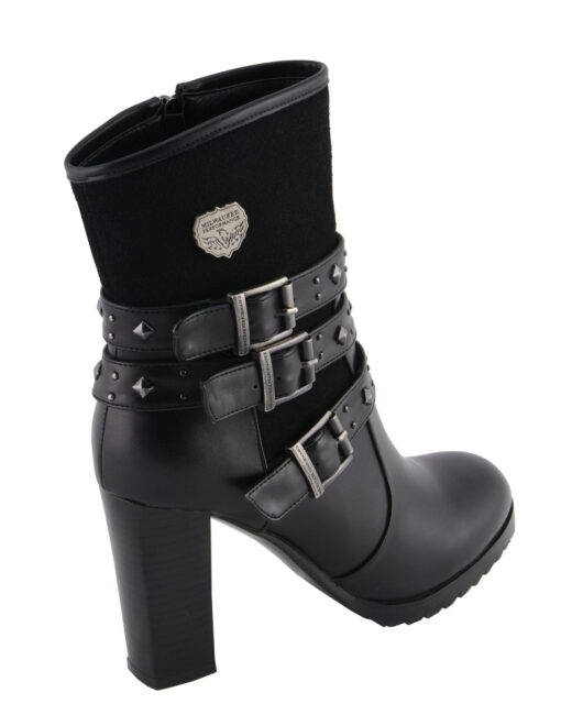 Women's Black Leather Triple Buckle Boots With Block Heel - Image 3