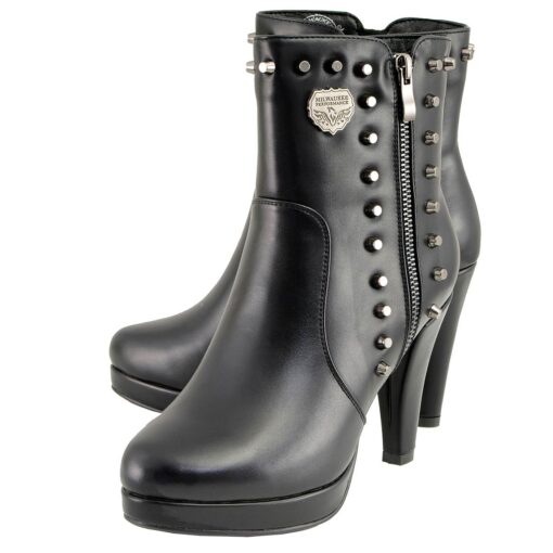 Women's Black Leather Boots With Spikes & Side Zippers - Image 6