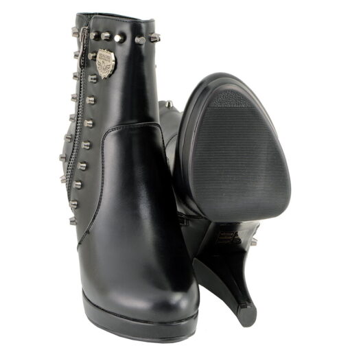 Women's Black Leather Boots With Spikes & Side Zippers - Image 3