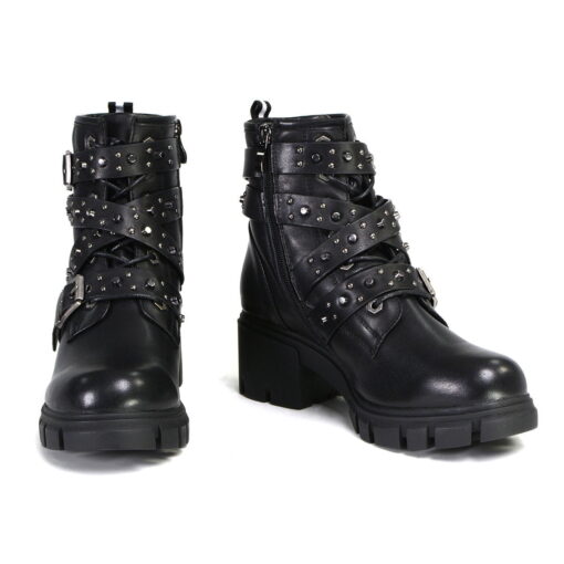 Women's Black Leather Lace-Up Fashion Boots With Studded Straps - Image 4