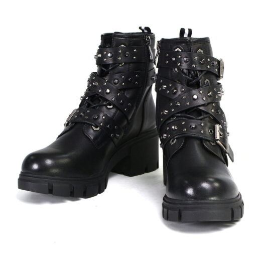 Women's Black Leather Lace-Up Fashion Boots With Studded Straps - Image 5