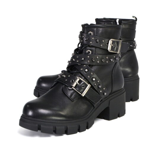 Women's Black Leather Lace-Up Fashion Boots With Studded Straps - Image 6