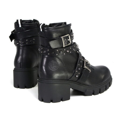 Women's Black Leather Lace-Up Fashion Boots With Studded Straps - Image 2