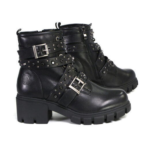 Women's Black Leather Lace-Up Fashion Boots With Studded Straps - Image 3